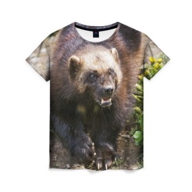 Женская футболка 3D с принтом Росомаха в Санкт-Петербурге, 100% полиэфир ( синтетическое хлопкоподобное полотно) | прямой крой, круглый вырез горловины, длина до линии бедер | животные | лес | медведи | охота | природа | туризм