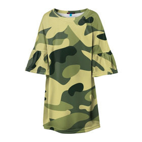 Детское платье 3D с принтом Зелёный камуфляж в Санкт-Петербурге, 100% полиэстер | прямой силуэт, чуть расширенный к низу. Круглая горловина, на рукавах — воланы | camouflage | green camouflage | зеленый камуфляж | камуфляж