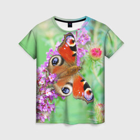 Женская футболка 3D с принтом Прелесть в Санкт-Петербурге, 100% полиэфир ( синтетическое хлопкоподобное полотно) | прямой крой, круглый вырез горловины, длина до линии бедер | бабочка | лепестки | прикольные картинки | природа | цветочки | цветы