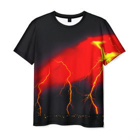 Мужская футболка 3D с принтом Гроза в Санкт-Петербурге, 100% полиэфир | прямой крой, круглый вырез горловины, длина до линии бедер | Тематика изображения на принте: красный | молния | ночь | черный