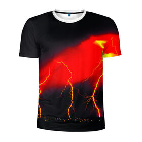 Мужская футболка 3D спортивная с принтом Гроза в Санкт-Петербурге, 100% полиэстер с улучшенными характеристиками | приталенный силуэт, круглая горловина, широкие плечи, сужается к линии бедра | красный | молния | ночь | черный