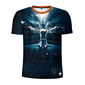 Мужская футболка 3D спортивная с принтом Give us this day! в Санкт-Петербурге, 100% полиэстер с улучшенными характеристиками | приталенный силуэт, круглая горловина, широкие плечи, сужается к линии бедра | мэнни пакьяо