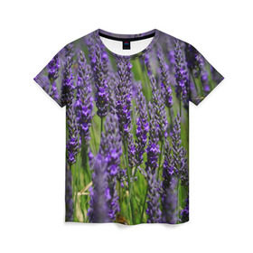 Женская футболка 3D с принтом Лаванда в Санкт-Петербурге, 100% полиэфир ( синтетическое хлопкоподобное полотно) | прямой крой, круглый вырез горловины, длина до линии бедер | зеленый | зелень | лаванда | лето | поле | природа | синий | цветы