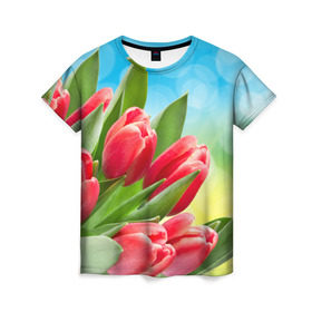 Женская футболка 3D с принтом Полевые тюльпаны в Санкт-Петербурге, 100% полиэфир ( синтетическое хлопкоподобное полотно) | прямой крой, круглый вырез горловины, длина до линии бедер | арт | краска | лето | лучи | любовь | новинки | популярные | природа | рисунки | свет | цветы