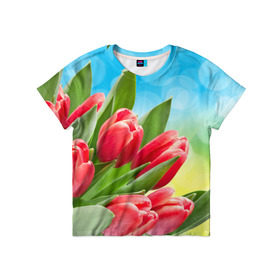 Детская футболка 3D с принтом Полевые тюльпаны в Санкт-Петербурге, 100% гипоаллергенный полиэфир | прямой крой, круглый вырез горловины, длина до линии бедер, чуть спущенное плечо, ткань немного тянется | арт | краска | лето | лучи | любовь | новинки | популярные | природа | рисунки | свет | цветы