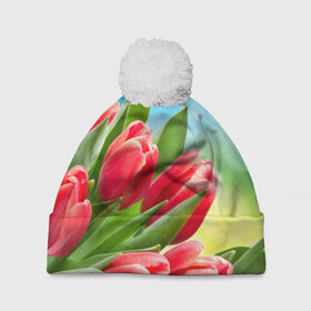 Шапка 3D c помпоном с принтом Полевые тюльпаны в Санкт-Петербурге, 100% полиэстер | универсальный размер, печать по всей поверхности изделия | арт | краска | лето | лучи | любовь | новинки | популярные | природа | рисунки | свет | цветы