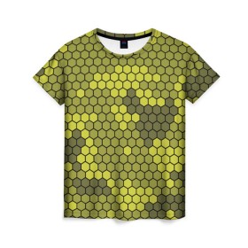 Женская футболка 3D с принтом Кибер камуфляж 8 в Санкт-Петербурге, 100% полиэфир ( синтетическое хлопкоподобное полотно) | прямой крой, круглый вырез горловины, длина до линии бедер | желтый | соты