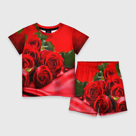 Детский костюм с шортами 3D с принтом Розы в Санкт-Петербурге,  |  | букет | красная | лепесток | разноцветная | роза | цветок