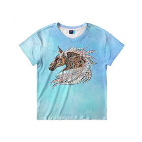 Детская футболка 3D с принтом Конь в Санкт-Петербурге, 100% гипоаллергенный полиэфир | прямой крой, круглый вырез горловины, длина до линии бедер, чуть спущенное плечо, ткань немного тянется | конь | лошадь