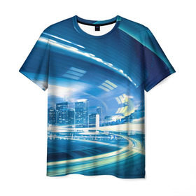 Мужская футболка 3D с принтом Мегаполис в Санкт-Петербурге, 100% полиэфир | прямой крой, круглый вырез горловины, длина до линии бедер | Тематика изображения на принте: night city | высотки | город | движение | мегаполис | неоновый свет | ночная жизнь | ночной город | огни | поток | столица | трафик