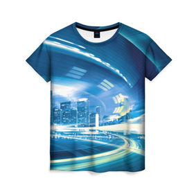 Женская футболка 3D с принтом Мегаполис в Санкт-Петербурге, 100% полиэфир ( синтетическое хлопкоподобное полотно) | прямой крой, круглый вырез горловины, длина до линии бедер | night city | высотки | город | движение | мегаполис | неоновый свет | ночная жизнь | ночной город | огни | поток | столица | трафик
