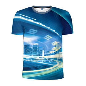 Мужская футболка 3D спортивная с принтом Мегаполис в Санкт-Петербурге, 100% полиэстер с улучшенными характеристиками | приталенный силуэт, круглая горловина, широкие плечи, сужается к линии бедра | night city | высотки | город | движение | мегаполис | неоновый свет | ночная жизнь | ночной город | огни | поток | столица | трафик