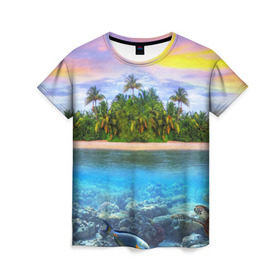 Женская футболка 3D с принтом Мальдивы в Санкт-Петербурге, 100% полиэфир ( синтетическое хлопкоподобное полотно) | прямой крой, круглый вырез горловины, длина до линии бедер | загар | каникулы | мальдивские острова | мальдивы | отдых | отпуск | пляж | приключения | солнце | туризм