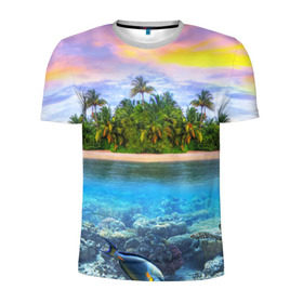 Мужская футболка 3D спортивная с принтом Мальдивы в Санкт-Петербурге, 100% полиэстер с улучшенными характеристиками | приталенный силуэт, круглая горловина, широкие плечи, сужается к линии бедра | загар | каникулы | мальдивские острова | мальдивы | отдых | отпуск | пляж | приключения | солнце | туризм