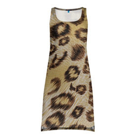 Платье-майка 3D с принтом Леопардовая ткань в Санкт-Петербурге, 100% полиэстер | полуприлегающий силуэт, широкие бретели, круглый вырез горловины, удлиненный подол сзади. | гепард | гламур | леопард | мода | пятна | роскошь | ткань | точки | шерсть