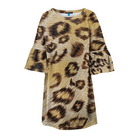 Детское платье 3D с принтом Леопардовая ткань в Санкт-Петербурге, 100% полиэстер | прямой силуэт, чуть расширенный к низу. Круглая горловина, на рукавах — воланы | гепард | гламур | леопард | мода | пятна | роскошь | ткань | точки | шерсть