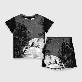 Детский костюм с шортами 3D с принтом Черный ворон в Санкт-Петербурге,  |  | ворон | луна | новинки | ночь | полнолуние | природа | птица