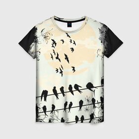 Женская футболка 3D с принтом Темная стая в Санкт-Петербурге, 100% полиэфир ( синтетическое хлопкоподобное полотно) | прямой крой, круглый вырез горловины, длина до линии бедер | ворон | закат | ласточки | новинки | популярное | птицы | темнота