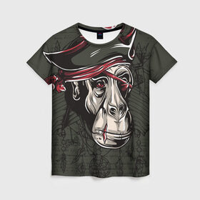 Женская футболка 3D с принтом Старый пират в Санкт-Петербурге, 100% полиэфир ( синтетическое хлопкоподобное полотно) | прямой крой, круглый вырез горловины, длина до линии бедер | обезьяна | шимпанзе