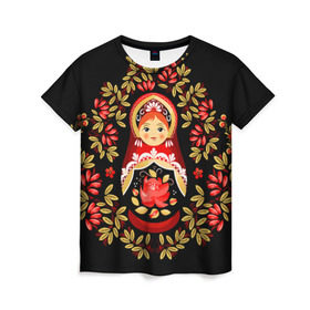 Женская футболка 3D с принтом Матрешка в Санкт-Петербурге, 100% полиэфир ( синтетическое хлопкоподобное полотно) | прямой крой, круглый вырез горловины, длина до линии бедер | flowers | matryoshka | russian | роспись | русская | цветы
