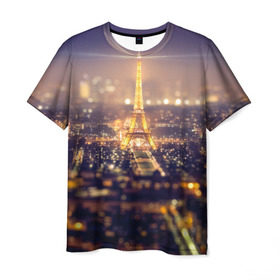 Мужская футболка 3D с принтом Эйфелева башня в Санкт-Петербурге, 100% полиэфир | прямой крой, круглый вырез горловины, длина до линии бедер | Тематика изображения на принте: sity | блики | город | европа | ночь | париж | романтика | свет | эйфелева башня