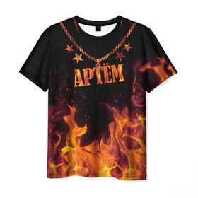 Мужская футболка 3D с принтом Артём в Санкт-Петербурге, 100% полиэфир | прямой крой, круглый вырез горловины, длина до линии бедер | artem | black background | chain | fire | name | stars | артём | звезды | имя | огонь | цепь | черный фон