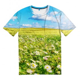 Мужская футболка 3D с принтом Ромашковый ковёр в Санкт-Петербурге, 100% полиэфир | прямой крой, круглый вырез горловины, длина до линии бедер | Тематика изображения на принте: горизонт | зелень | небо | облака | поле | поляна | ромашки | солнце | цветы