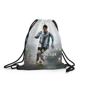 Рюкзак-мешок 3D с принтом Leo Messi в Санкт-Петербурге, 100% полиэстер | плотность ткани — 200 г/м2, размер — 35 х 45 см; лямки — толстые шнурки, застежка на шнуровке, без карманов и подкладки | barselona | messi | аргентина | барселона | месси | мяч | футбол