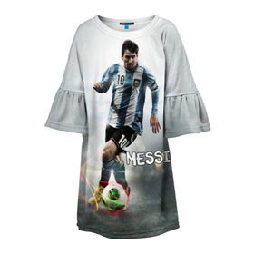 Детское платье 3D с принтом Leo Messi в Санкт-Петербурге, 100% полиэстер | прямой силуэт, чуть расширенный к низу. Круглая горловина, на рукавах — воланы | barselona | messi | аргентина | барселона | месси | мяч | футбол