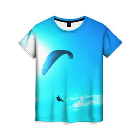 Женская футболка 3D с принтом Прыжок в Санкт-Петербурге, 100% полиэфир ( синтетическое хлопкоподобное полотно) | прямой крой, круглый вырез горловины, длина до линии бедер | парашют | прыжок | синяя