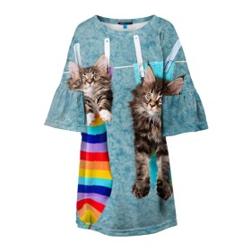 Детское платье 3D с принтом Мейн-кун 1 в Санкт-Петербурге, 100% полиэстер | прямой силуэт, чуть расширенный к низу. Круглая горловина, на рукавах — воланы | кот | котенок | котик | котэ | кошка | мейн кун | мейнкун | мэйн кун | мэйнкун