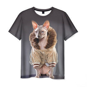 Мужская футболка 3D с принтом Сфинкс 4 в Санкт-Петербурге, 100% полиэфир | прямой крой, круглый вырез горловины, длина до линии бедер | Тематика изображения на принте: кот | котенок | котик | котэ | кошка | сфинкс