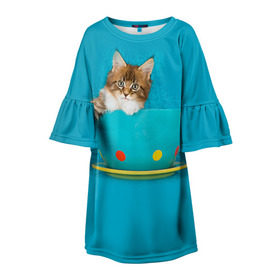 Детское платье 3D с принтом Мейн-кун 4 в Санкт-Петербурге, 100% полиэстер | прямой силуэт, чуть расширенный к низу. Круглая горловина, на рукавах — воланы | кот | котенок | котик | котэ | кошка | мейн кун | мейнкун | мэйн кун | мэйнкун