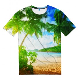 Мужская футболка 3D с принтом Тропики в Санкт-Петербурге, 100% полиэфир | прямой крой, круглый вырез горловины, длина до линии бедер | берег | лето | море | отдых | тропики