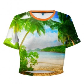 Женская футболка 3D укороченная с принтом Тропики в Санкт-Петербурге, 100% полиэстер | круглая горловина, длина футболки до линии талии, рукава с отворотами | берег | лето | море | отдых | тропики