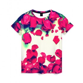 Женская футболка 3D с принтом Розовые розы в Санкт-Петербурге, 100% полиэфир ( синтетическое хлопкоподобное полотно) | прямой крой, круглый вырез горловины, длина до линии бедер | лепестки | цветы