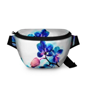 Поясная сумка 3D с принтом Орхидея в Санкт-Петербурге, 100% полиэстер | плотная ткань, ремень с регулируемой длиной, внутри несколько карманов для мелочей, основное отделение и карман с обратной стороны сумки застегиваются на молнию | лютики | синий | цветы