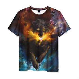 Мужская футболка 3D с принтом Космоволк в Санкт-Петербурге, 100% полиэфир | прямой крой, круглый вырез горловины, длина до линии бедер | волк | вселенная | галактика | звёзды | космос | оскал | пламя | созвездие