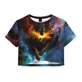 Женская футболка 3D укороченная с принтом Космоволк в Санкт-Петербурге, 100% полиэстер | круглая горловина, длина футболки до линии талии, рукава с отворотами | волк | вселенная | галактика | звёзды | космос | оскал | пламя | созвездие