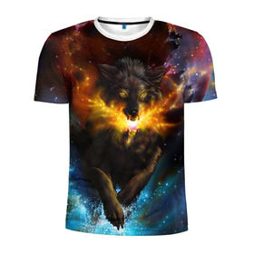 Мужская футболка 3D спортивная с принтом Космоволк в Санкт-Петербурге, 100% полиэстер с улучшенными характеристиками | приталенный силуэт, круглая горловина, широкие плечи, сужается к линии бедра | волк | вселенная | галактика | звёзды | космос | оскал | пламя | созвездие