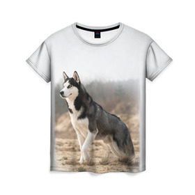 Женская футболка 3D с принтом Хаски в Санкт-Петербурге, 100% полиэфир ( синтетическое хлопкоподобное полотно) | прямой крой, круглый вырез горловины, длина до линии бедер | dog | husky | siberia | север | сибирь | собака | хаски