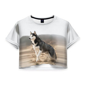 Женская футболка 3D укороченная с принтом Хаски в Санкт-Петербурге, 100% полиэстер | круглая горловина, длина футболки до линии талии, рукава с отворотами | dog | husky | siberia | север | сибирь | собака | хаски