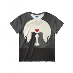 Детская футболка 3D с принтом Cats love with moon в Санкт-Петербурге, 100% гипоаллергенный полиэфир | прямой крой, круглый вырез горловины, длина до линии бедер, чуть спущенное плечо, ткань немного тянется | Тематика изображения на принте: 