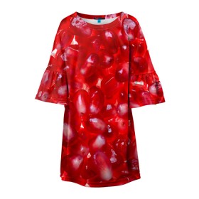 Детское платье 3D с принтом Зерна граната в Санкт-Петербурге, 100% полиэстер | прямой силуэт, чуть расширенный к низу. Круглая горловина, на рукавах — воланы | Тематика изображения на принте: гранат | еда | зерна | красный | сладкое | фрукты