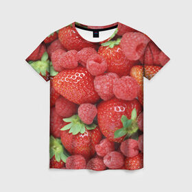 Женская футболка 3D с принтом Ягоды в Санкт-Петербурге, 100% полиэфир ( синтетическое хлопкоподобное полотно) | прямой крой, круглый вырез горловины, длина до линии бедер | десерт | еда | клубника | красный | малина | сладкое | ягоды