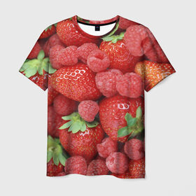 Мужская футболка 3D с принтом Ягоды в Санкт-Петербурге, 100% полиэфир | прямой крой, круглый вырез горловины, длина до линии бедер | Тематика изображения на принте: десерт | еда | клубника | красный | малина | сладкое | ягоды