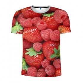 Мужская футболка 3D спортивная с принтом Ягоды в Санкт-Петербурге, 100% полиэстер с улучшенными характеристиками | приталенный силуэт, круглая горловина, широкие плечи, сужается к линии бедра | десерт | еда | клубника | красный | малина | сладкое | ягоды