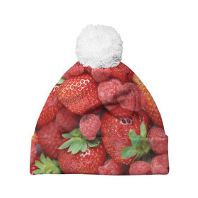 Шапка 3D c помпоном с принтом Ягоды в Санкт-Петербурге, 100% полиэстер | универсальный размер, печать по всей поверхности изделия | десерт | еда | клубника | красный | малина | сладкое | ягоды