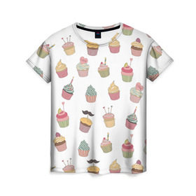 Женская футболка 3D с принтом Капкейки в Санкт-Петербурге, 100% полиэфир ( синтетическое хлопкоподобное полотно) | прямой крой, круглый вырез горловины, длина до линии бедер | вкусный | капкейк | капкэйк | кекс | маффин | пирожное
