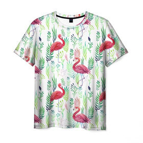 Мужская футболка 3D с принтом Цветы и бабочки 2 в Санкт-Петербурге, 100% полиэфир | прямой крой, круглый вырез горловины, длина до линии бедер | растения | фламинго